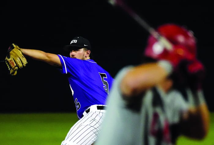 GCU pitcher Nick Hull (5) pitches against Lamar University during the second round of WAC tournament.